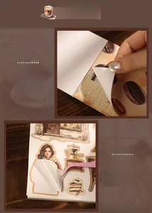 Detail of vintage coffee stickers showing easy-tear glued pages and die-cut adhesive designs