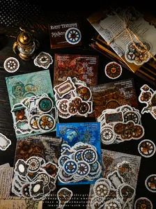 Macro detail of retro steampunk stickers featuring gears and vintage mechanical clocks
