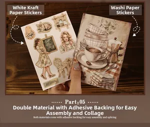 Vintage coffee theme stickers shown on wood, featuring washi and kraft paper textures