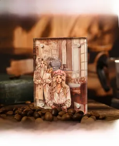 Acrylic cafe illustration frame standing on coffee beans with warm aesthetic