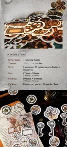 Detail of vintage steampunk stickers with gear and clock patterns on a dark wooden table