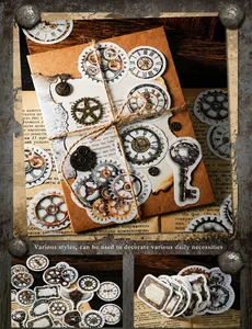 Detailed view of vintage steampunk stickers with gears, clocks, and mechanical keys