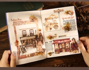 Close-up of vintage coffee themed stickers used for creative DIY journaling collage