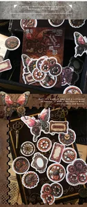 Close-up of steampunk stickers featuring vintage gears and clocks on textured paper