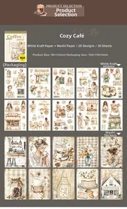 Detailed spread of 20 vintage coffee cafe theme stickers with illustrations and sizes