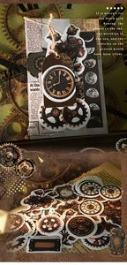 Close-up of vintage steampunk stickers with clock gears and antique floral patterns