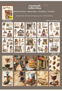 Detail of vintage coffee theme stickers on white kraft and washi paper for DIY journaling