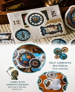 Macro detail of steampunk stickers featuring mechanical gears and vintage clock designs