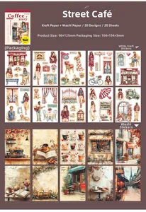 Detailed catalog showing Coffee Story themed stickers with vintage cafe scenes and illustrations