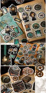 Detailed view of steampunk stickers featuring vintage gears and clocks for DIY journals