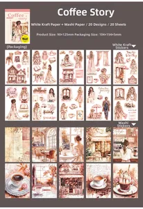 Detail showing vintage cafe theme stickers made of kraft and washi paper for journaling