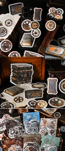 Macro detail of steampunk stickers featuring industrial gears and vintage clocks for DIY art