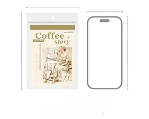 Size comparison of Coffee Story sticker book 104x154mm against an iPhone 15 frame