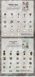 Macro shot of steampunk mechanical stickers featuring vintage gears keys and clock patterns