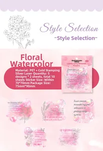 Détails d'autocollants PET avec fleurs argentées laser et motifs aquarelle pour DIY