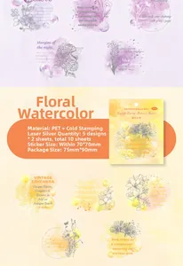 Détail de stickers PET floraux avec film laser argenté et motifs aquarelle botaniques