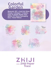 Détail d'autocollants fleurs aquarelle en PET avec film laser argenté pour scrapbooking