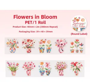 Detail of floral PET tape with watercolor flower pots for creative journaling