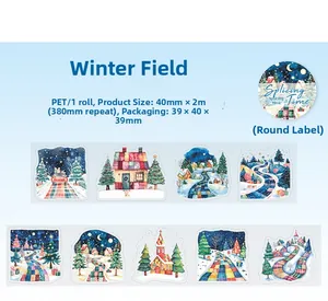 Detailed specs of Winter Field PET tape featuring snow house illustrations for DIY journals