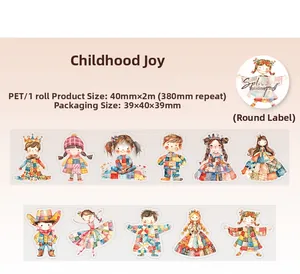 Detail view of PET scrapbooking tape with cute watercolor children illustrations 40mm