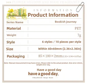 Detailed specification list for Bookish Journey PET stickers showing sizes and materials