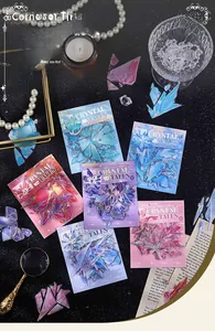 Macro detail of PET crystal stickers with holographic effects on a vintage desk