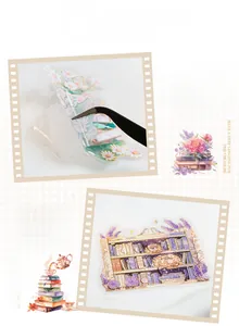 Detail showing PET vintage stickers with book and floral motifs and transparent finish