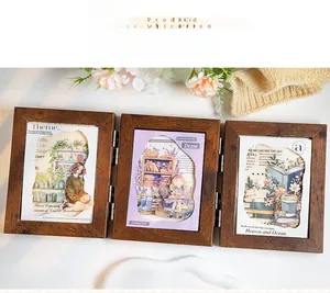 Three-fold wooden frame with fairy tale book stickers and illustrations for DIY scrapbooking