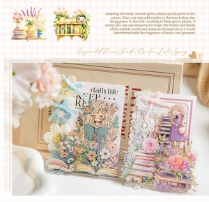Detail of bookish themed stickers with gold foil outlines and floral motifs for journaling