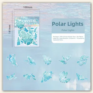 Detail view of semi-transparent aurora crystal PET stickers with blue gradient packaging