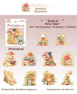 Detail of 10 gold-stamped PET fairy tale stickers with vintage book and rabbit motifs