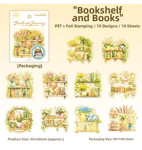 Detail of Bookish Journey stickers featuring PET gold foil books and floral illustrations