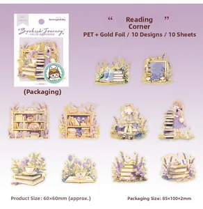 Detail of PET stickers with gold foil showing reading girl and floral themes