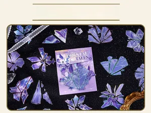 Macro view of purple crystal PET stickers for scrapbooking from the Crystal Tales series