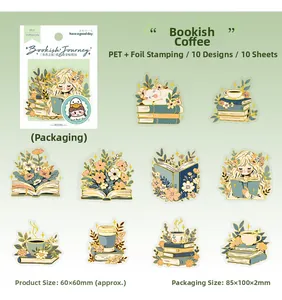 Flat lay of book-themed PET stickers with gold foil details of girls, cats and flowers