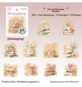 Detail view of floral book PET stickers with gold foil stamping for DIY scrapbooking