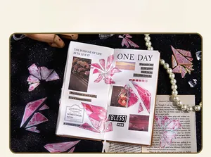 Detail of pink crystal PET stickers with gold foil edges for DIY journaling and crafts