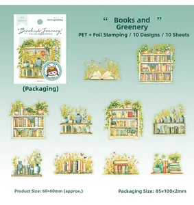 Detailed PET stickers with gold foil showing book and green plant designs for DIY crafts
