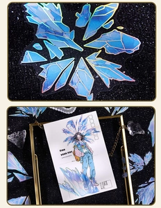 Detail of blue crystal PET stickers with gold foil and anime girl decorative card