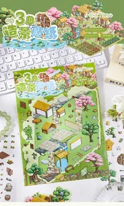 Macro view of MissTime 3D scenery stickers featuring a PVC miniature landscape and base card