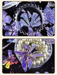 Macro detail of PET crystal stickers with laser holographic edges on a luxury background