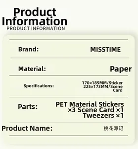 Detail view of sticker set specifications including PET sheets, cards and tweezers tools