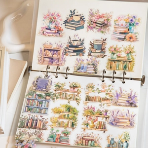 Watercolor vintage book and floral stickers set displayed in a ring binder