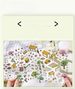 Close-up of transparent 3D landscape stickers with gazebo and cherry tree patterns