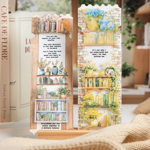 Floral book-themed sticker strips with wooden shelves and motivational English quotes