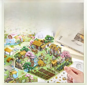 Detail showing 3D farm village stickers with miniature houses and cherry blossom trees