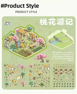 Macro detail of 3D Peach Blossom Spring PET sticker kit with scene card and tweezers