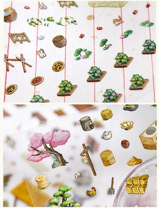 Detail view of 3D pixel art stickers featuring transparent PET rural life garden elements