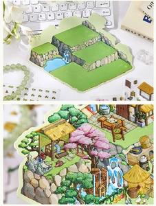 Detailed 3D landscape stickers featuring Japanese pavilions and cherry blossom pixel art