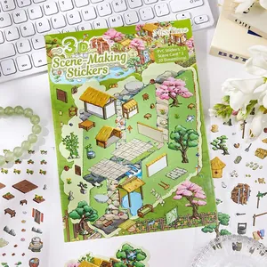 Pastoral Peach Blossom Spring Series 3D Scenery DIY Sticker Set PET Stickers with Scene Card and Tweezers for Journal Decor